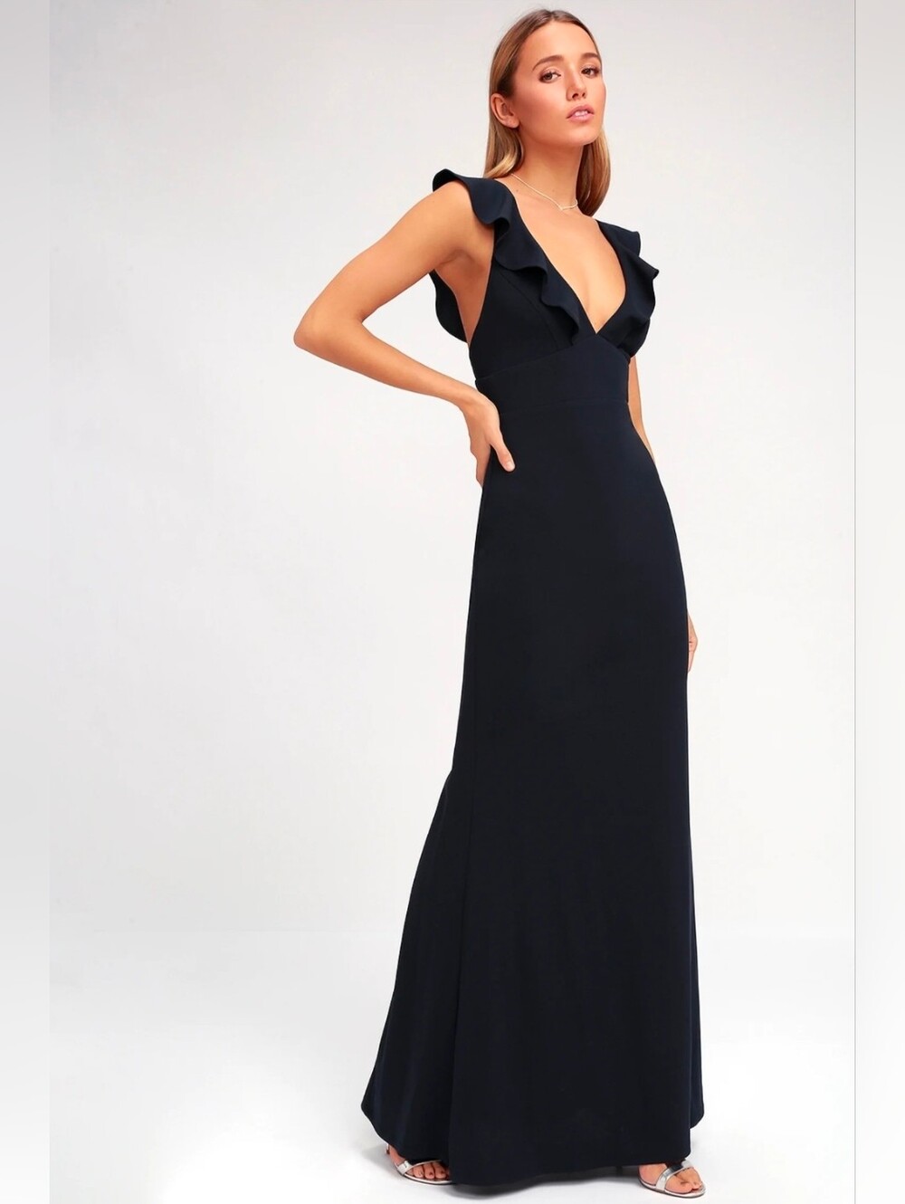 Lulu's Navy Ruffle-Plunge Maxi Dress Worn once- great condition